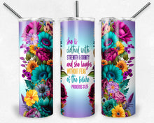 Load image into Gallery viewer, She is clothed, Proverbs 31:25 Teal purple watercolor flowers