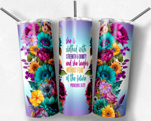 Load image into Gallery viewer, She is clothed, Proverbs 31:25 Teal purple watercolor flowers