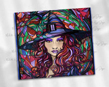Load image into Gallery viewer, Halloween Witch Stained Glass Reds and Purples Tumbler Design