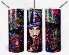 Load image into Gallery viewer, Halloween Witch Stained Glass Reds and Purples Tumbler Design