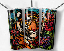 Load image into Gallery viewer, Tiger profile and flowers Stained Glass