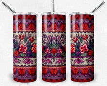 Load image into Gallery viewer, Purple and Pink Knitted Flowers Folk Art Design