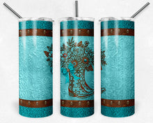 Load image into Gallery viewer, Tooled  Leather Cowgirl Teal Brown Boot with Bow