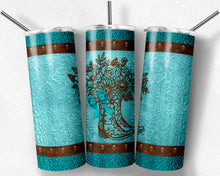 Load image into Gallery viewer, Tooled  Leather Cowgirl Teal Brown Boot with Bow