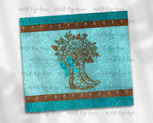 Load image into Gallery viewer, Tooled  Leather Cowgirl Teal Brown Boot with Bow