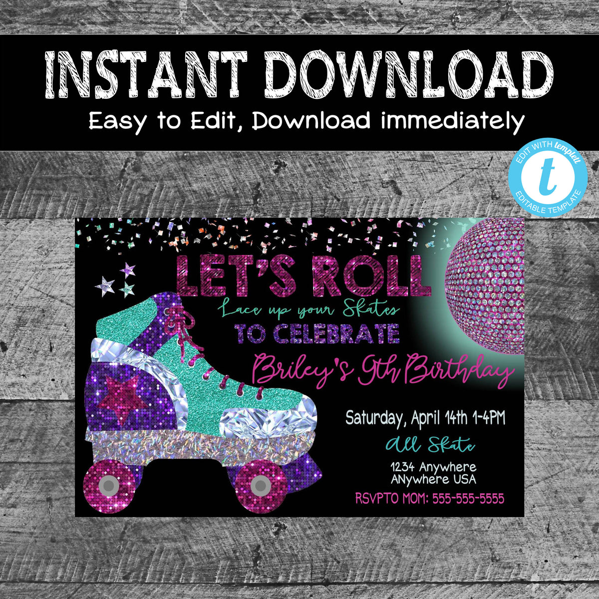 Roller Skate Birthday Party Invitation, 80's Disco Skate Party, Retro  Style, Roller Skating Party Invitation, edit yourself Instant Download, image size:1200x1200