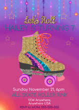 Load image into Gallery viewer, Roller Skating Birthday Invitation, Skating Party, Glitter Skate, Retro Roller Skate Party, Roller skating, Disco skating invite 80's Party