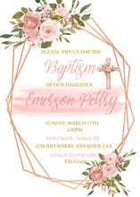 Load image into Gallery viewer, Floral Baptism Invitation, Printable Baptism Invites, Christening Invite, Editable Baptism Invite, Rose Gold, Pink, Baby Dedication Invite