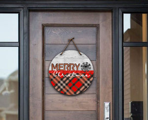 Merry Christmas with Plaid Wood 18" Round Door Hanger