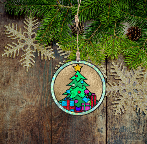 Christmas Tree with Presents Stained Glass Christmas Ornament