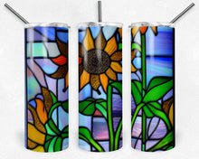 Load image into Gallery viewer, Sunflower with Teal and Purple Background Stained Glass