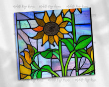 Load image into Gallery viewer, Sunflower with Teal and Purple Background Stained Glass