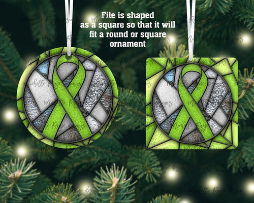 Lime Green Awareness Ribbon Stained Glass Christmas Ornament, Lymphoma, Muscular Dystrophy