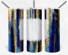 Load image into Gallery viewer, Blue Light Blue and Gold Brush Strokes with Bleach Spot