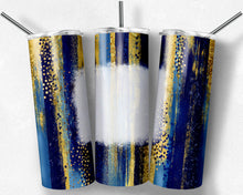 Load image into Gallery viewer, Blue Light Blue and Gold Brush Strokes with Bleach Spot