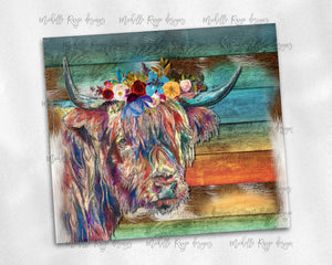 Floral Highland Cow on Wood Grain
