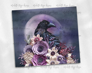Raven and full moon with quilled flowers