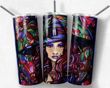 Load image into Gallery viewer, Halloween Witch Stained Glass Reds and Purples Tumbler Design