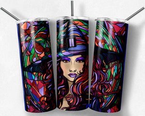 Halloween Witch Stained Glass Reds and Purples Tumbler Design