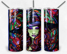 Load image into Gallery viewer, Stained Glass  Halloween Witch Green Face with Reds and Purples Tumbler Design