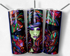 Stained Glass  Halloween Witch Green Face with Reds and Purples Tumbler Design