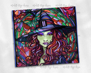 Stained Glass  Halloween Witch Green Face with Reds and Purples Tumbler Design