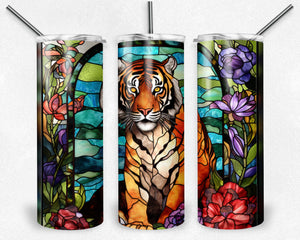 Tiger and flowers Stained Glass
