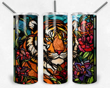 Load image into Gallery viewer, Tiger profile and flowers Stained Glass