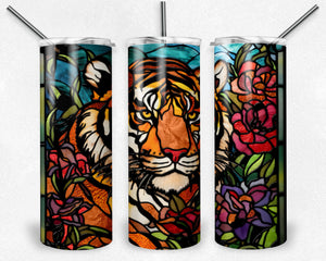 Tiger profile and flowers Stained Glass