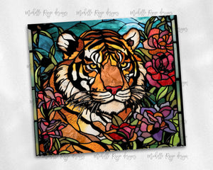 Tiger profile and flowers Stained Glass