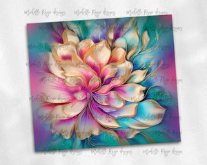 Abstract Watercolor Flowers in Gold and Hot Pink