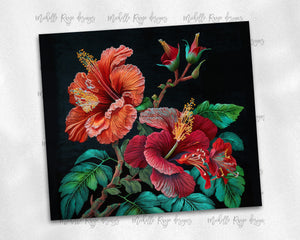 Embroidered Hibiscus in Reds and Greens