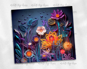 Orange and Purple Flowers - quilled design on blue