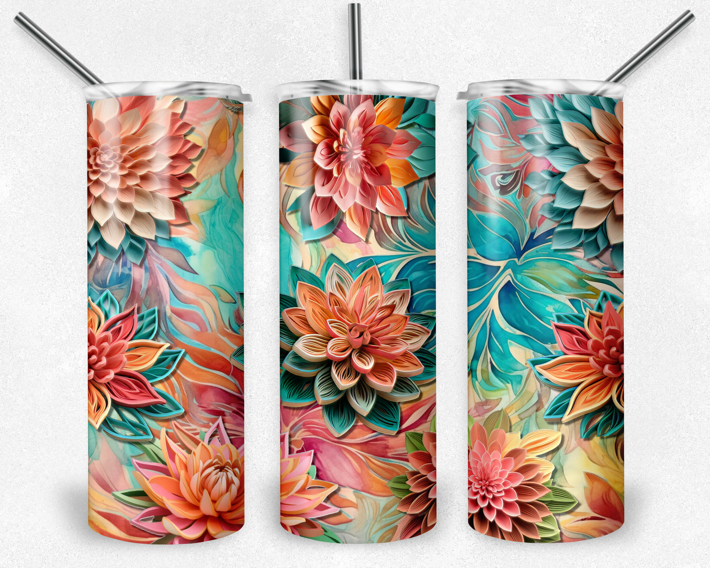 Flowers in Pink, Orange, and Teal