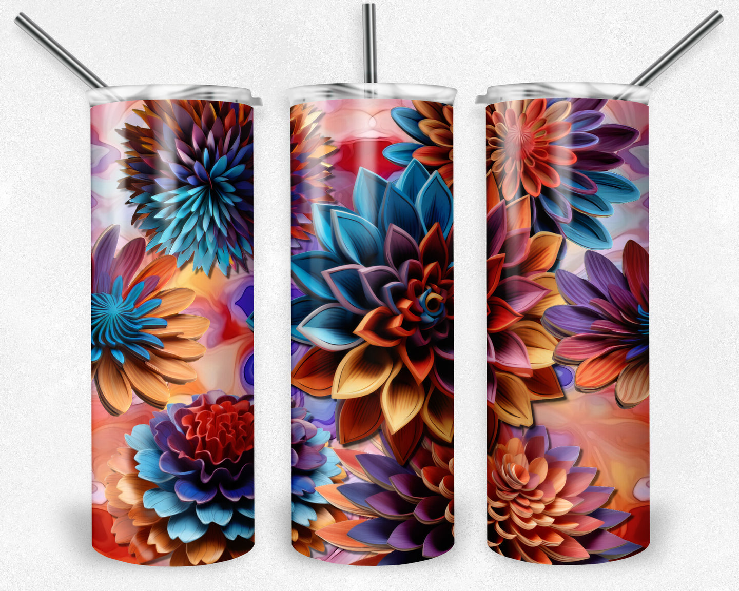 Wooden Flowers in Purple, Blue, and Orange