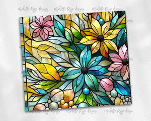 Stained glass pink blue and yellow flowers