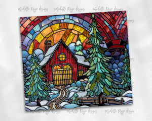 Winter Scene Red House Stained Glass
