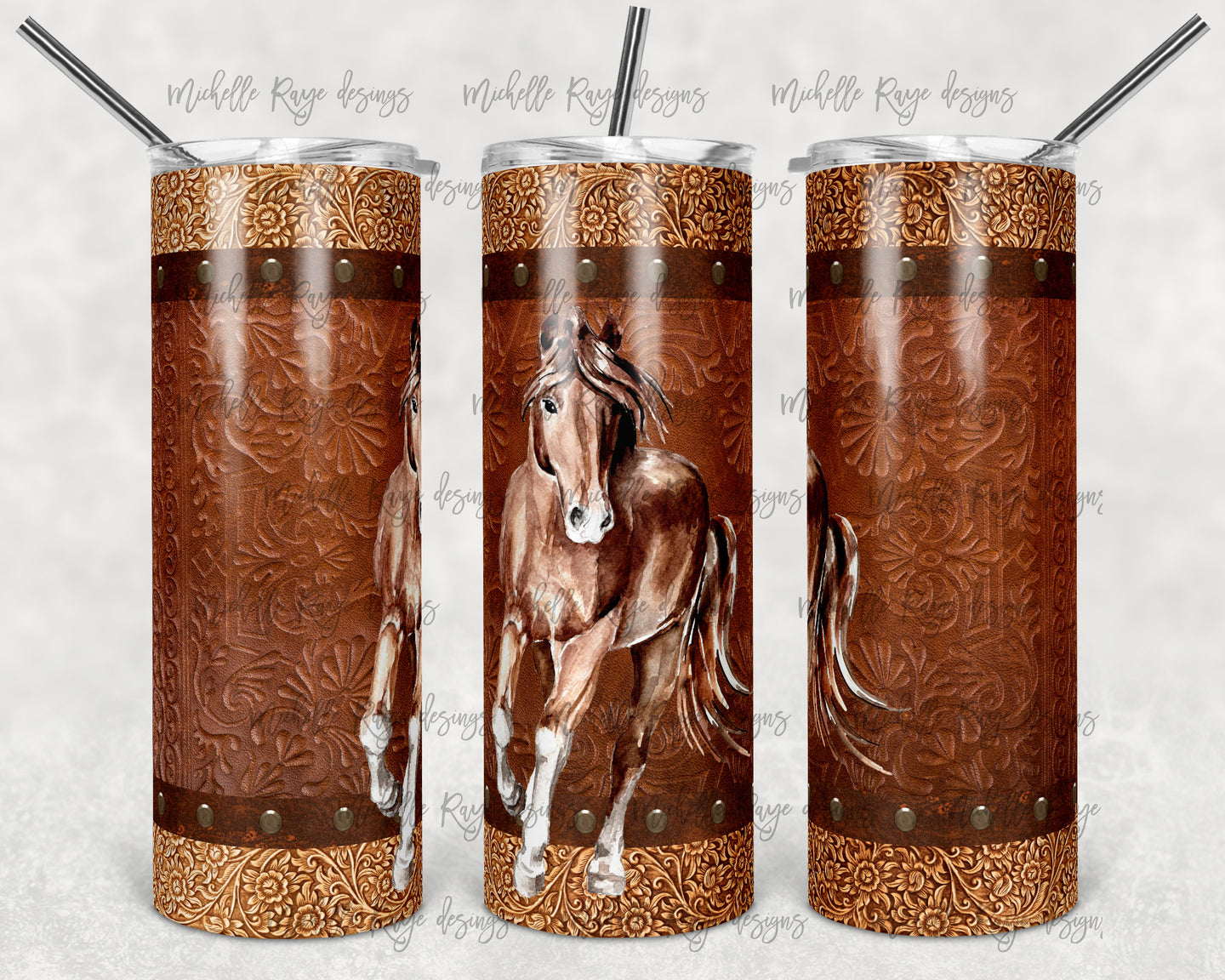 Rustic Watercolor Horse with Brown Tooled Leather
