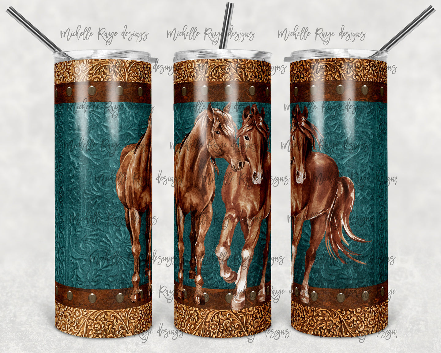 Rustic Watercolor Wild Horses with Teal and Brown Tooled Leather