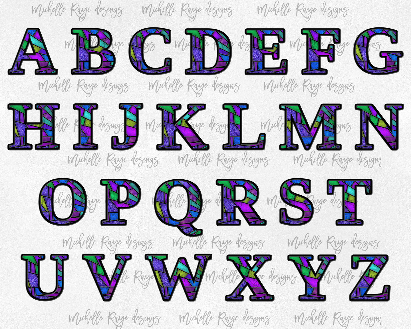 Purple Teal Blue Stained Glass PNG Alphabet