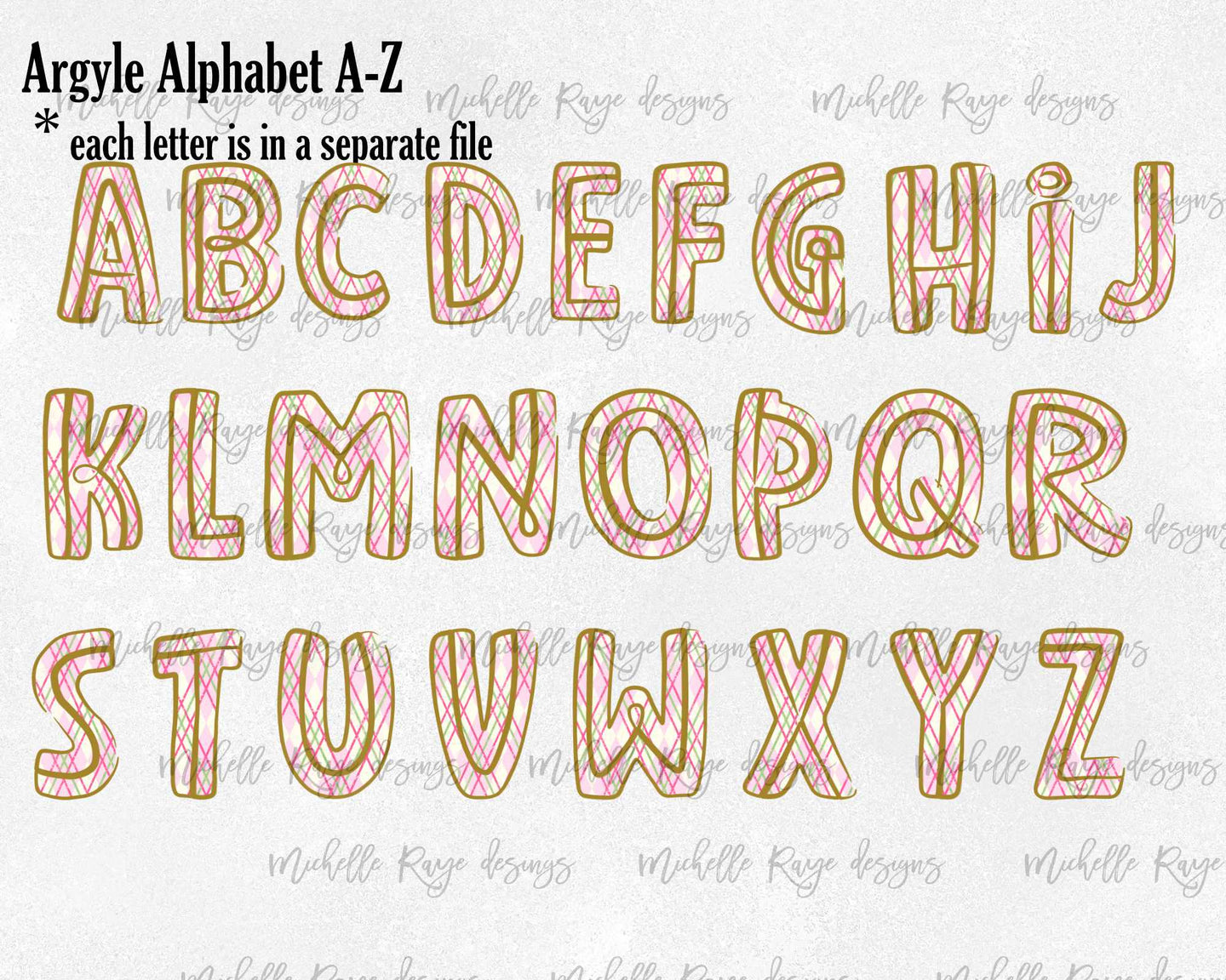 Christmas Argyle Font with Gold Outline - PNG Files for each letter A-Z