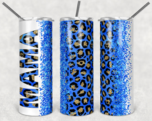 Load image into Gallery viewer, Blue Glitter and Leopard Mama and Mini Set - 20 Oz Skinny Tumbler and 15 Oz Kids Flip Top