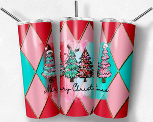 Merry Christmas Medical Trees on Red Pink Teal and Gold Argyle Plaid
