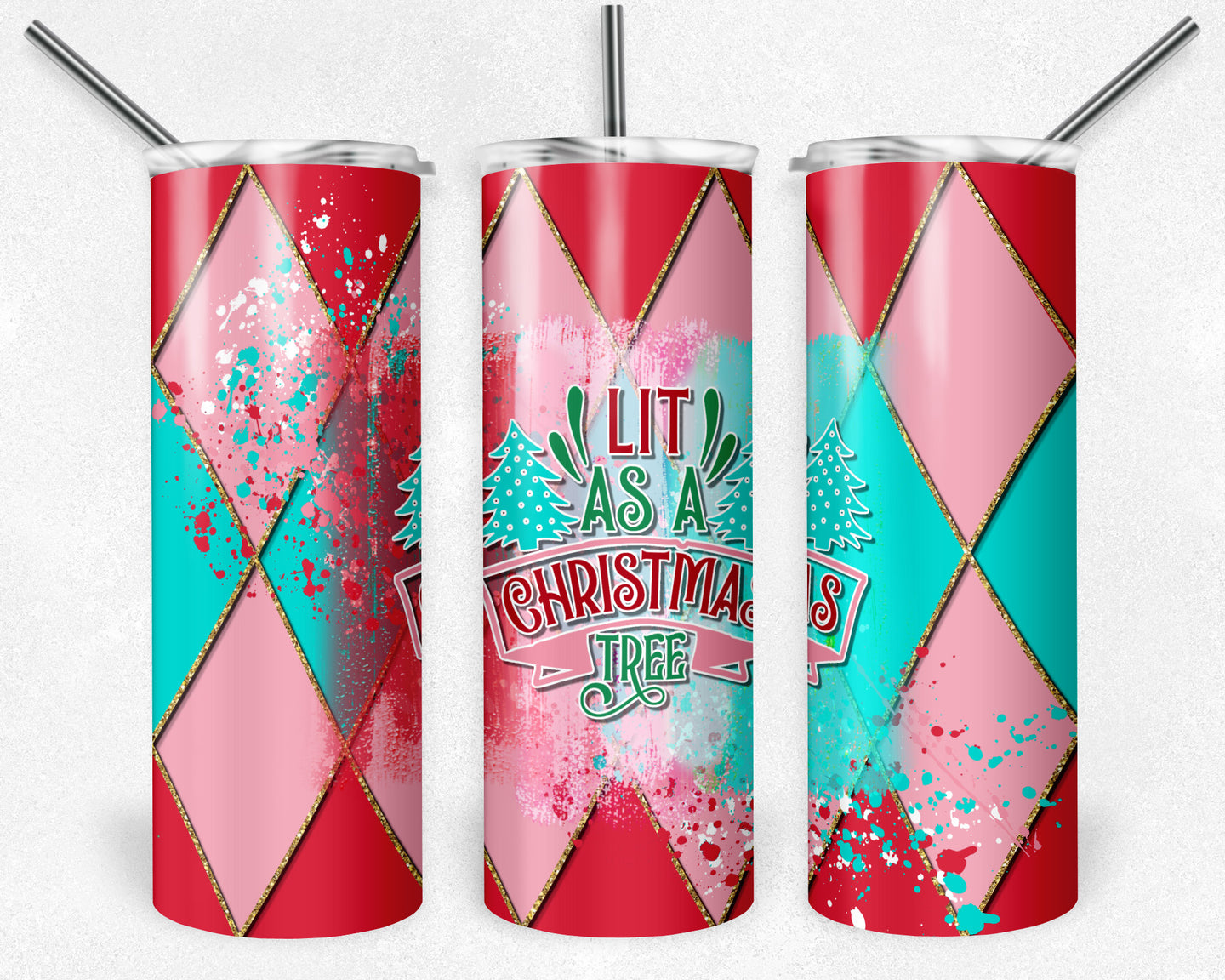 Lit as a Christmas Tree on Red Pink Teal and Gold Argyle Plaid