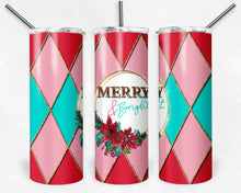 Load image into Gallery viewer, Merry and Bright Frame on Red Pink Teal and Gold Argyle Plaid