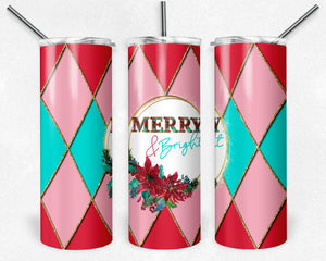Merry and Bright Frame on Red Pink Teal and Gold Argyle Plaid