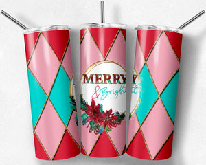 Merry and Bright Frame on Red Pink Teal and Gold Argyle Plaid