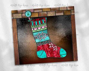 Christmas Stocking Fireplace Scene Stained Glass