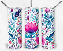 Load image into Gallery viewer, Pink and Teal Watercolor Flowers on White Folk Art Design