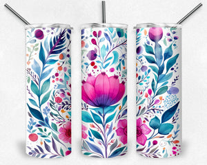 Pink and Teal Watercolor Flowers on White Folk Art Design